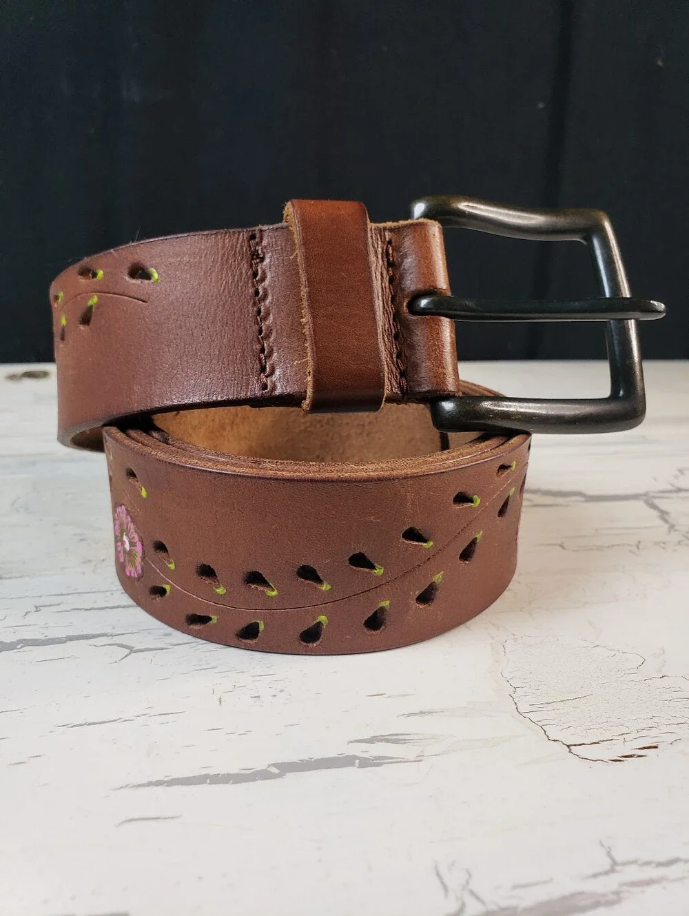 Handpainted Floral Vine Motif  Leather Belt in Brown in size XL